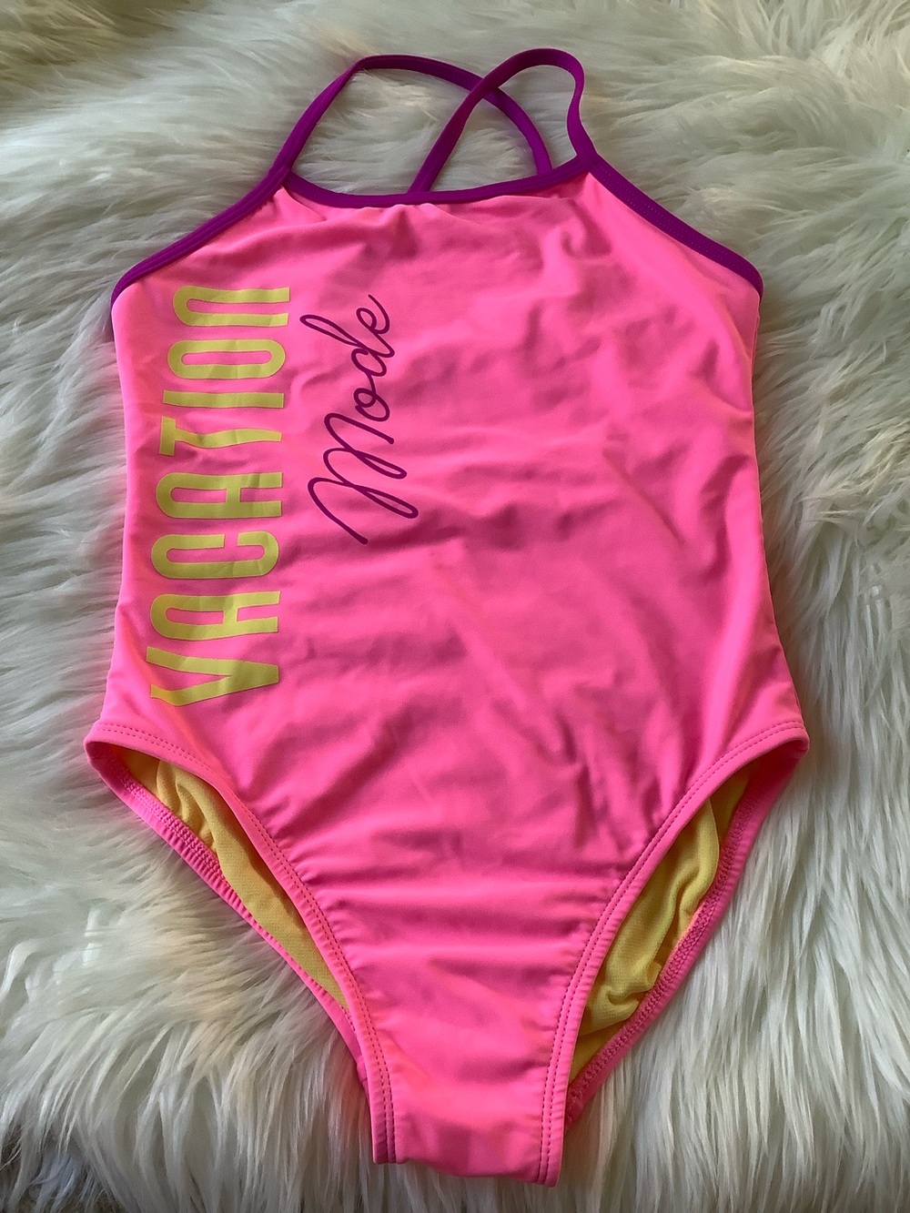 George Bright Pink One-Piece Swimsuit with Yellow 'Vacation' Text